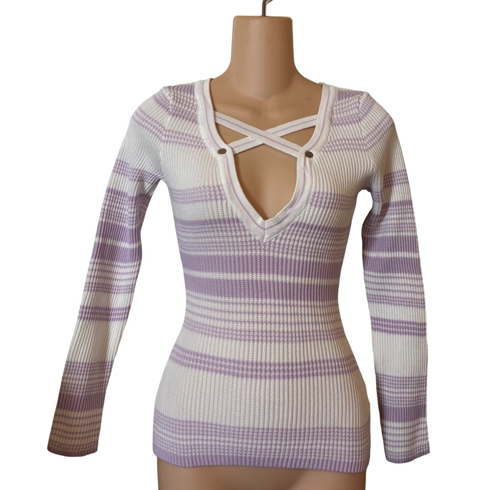 Fashion Nova Women's Knit Top Small Long Sleeve Lilac Striped Ribbed V-Neck